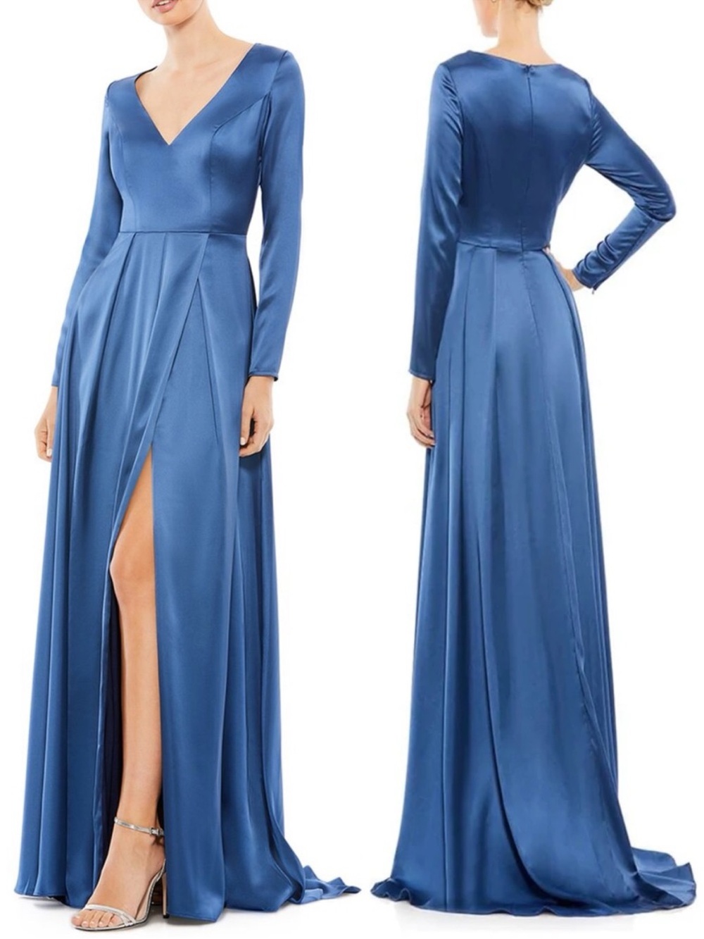 Mac Duggal 26613 Satin V Neck Long Sleeve Pleated Gown